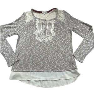 Coco + Jameson Womens Gray Marled Lace Henley Top Long Sleeve Mixed Media M